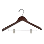 Load image into Gallery viewer, Dark Walnut Wood Combination Hanger with a silver hook, shoulder notches, and cushion clips for closets and stores
