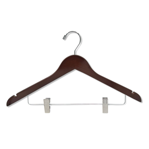 Dark Walnut Wood Combination Hanger with a silver hook, shoulder notches, and cushion clips for closets and stores