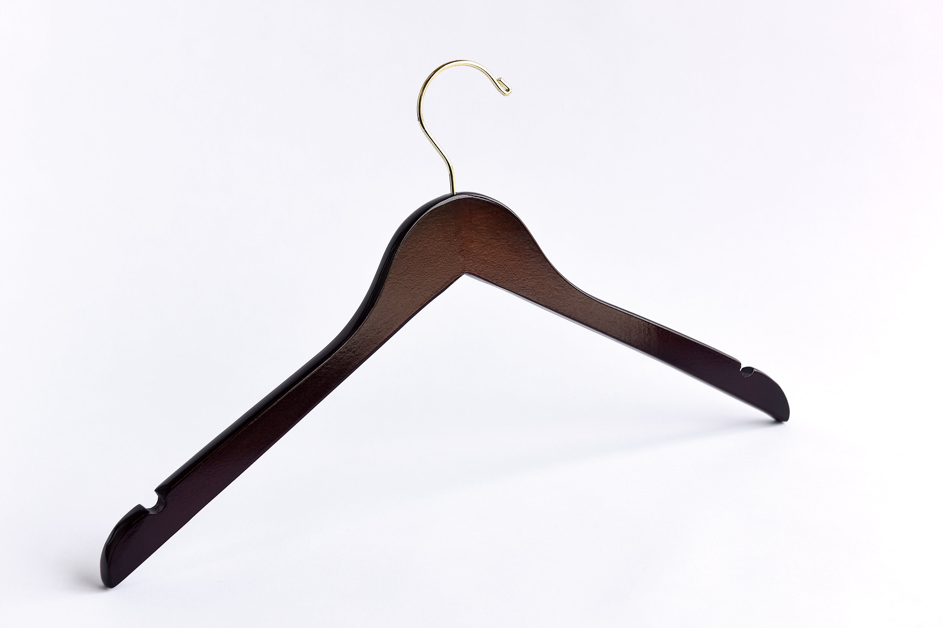 Dark Walnut Wooden Clothes Hanger with a gold hook and shoulder notches for custom bridal hanger designers #hook-color_gold-hook