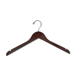 High quality Dark Walnut Wooden Adult Top Hanger with shoulder notches and a silver hook for closets and stores