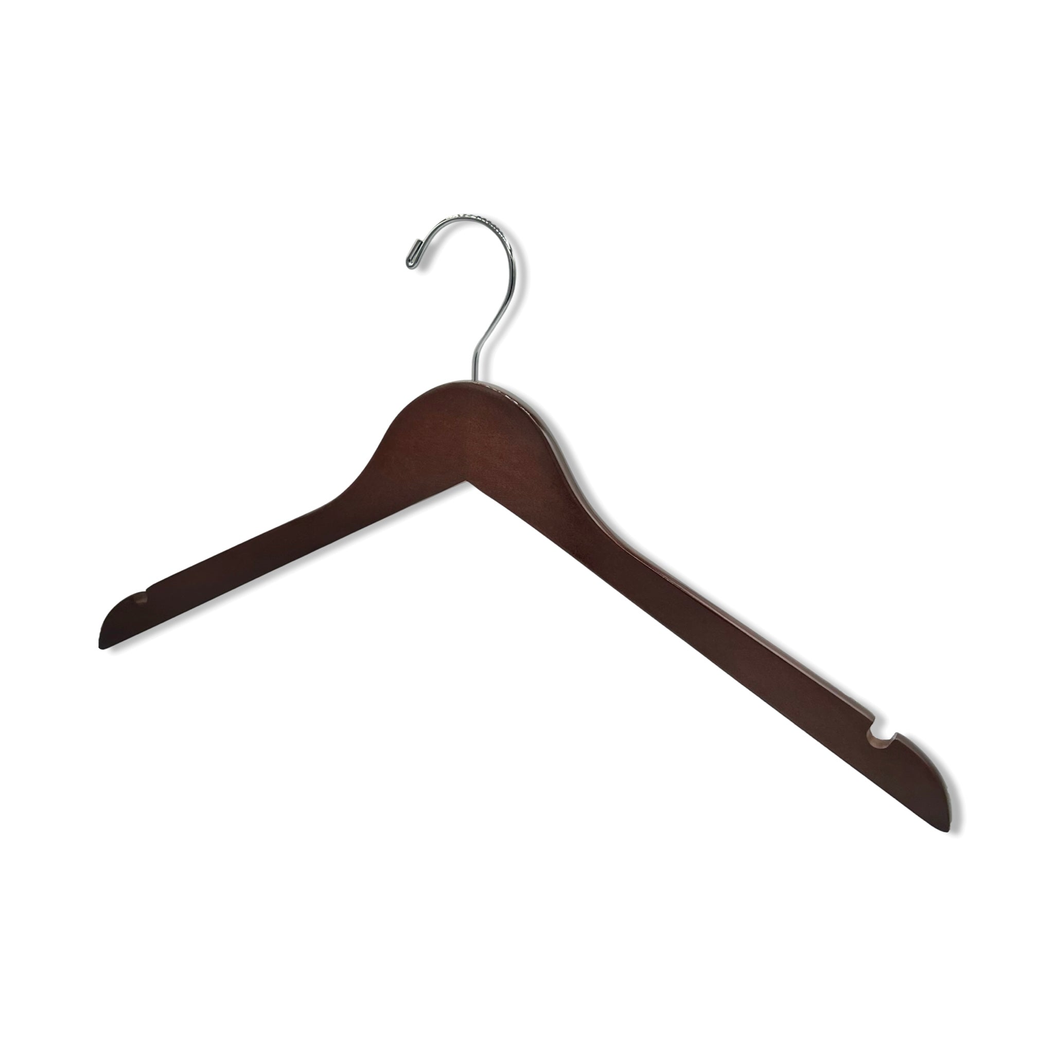 High Quality Dark Walnut Wood Top Hanger with shoulder notches and a silver hook for closets and stores #hook-color_silver-hook