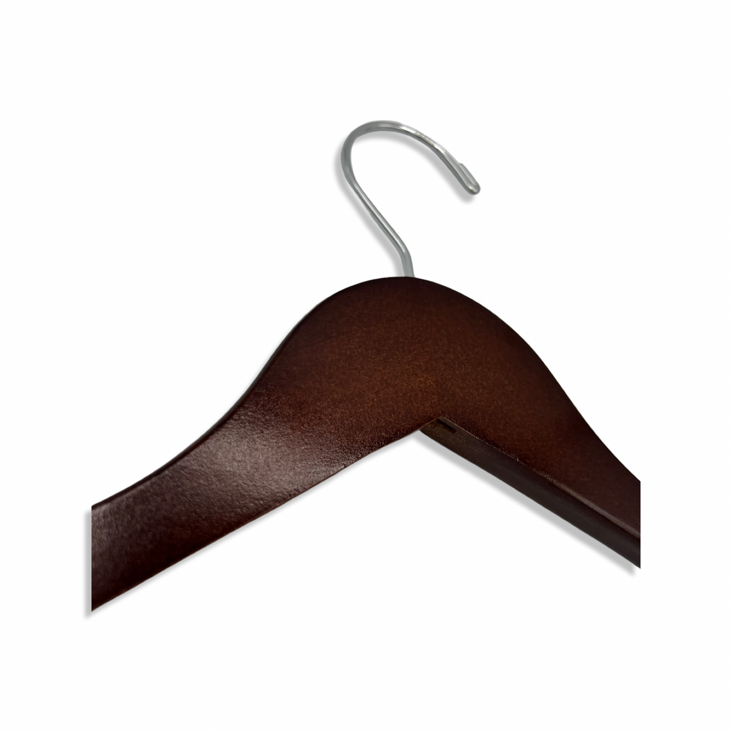 Dark Walnut Wooden Clothes Hanger lying down with a silver hook facing to the right 