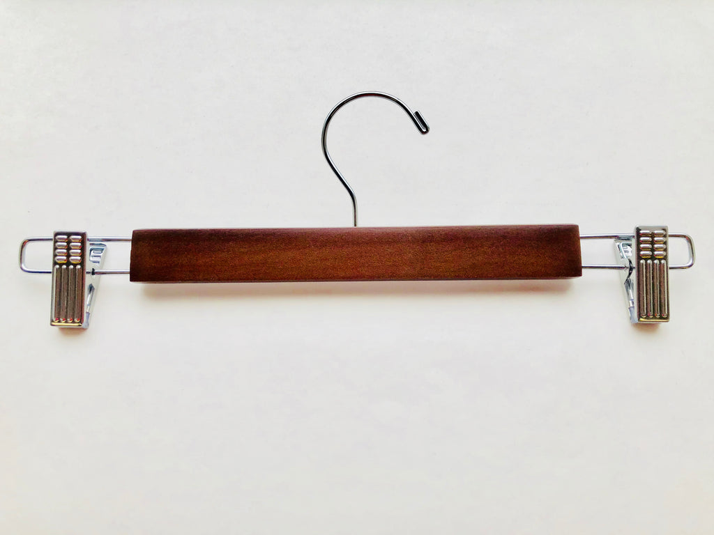 Light Walnut Wooden Bottom Hanger with a silver, adjustable side cushion clips for residential closets and retail stores